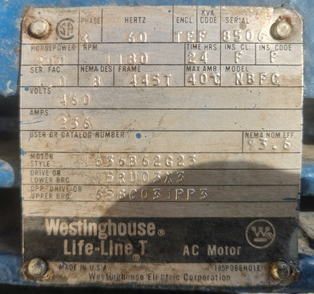 Westinghouse 200 HP 1200 RPM 445T Squirrel Cage Motors H1191