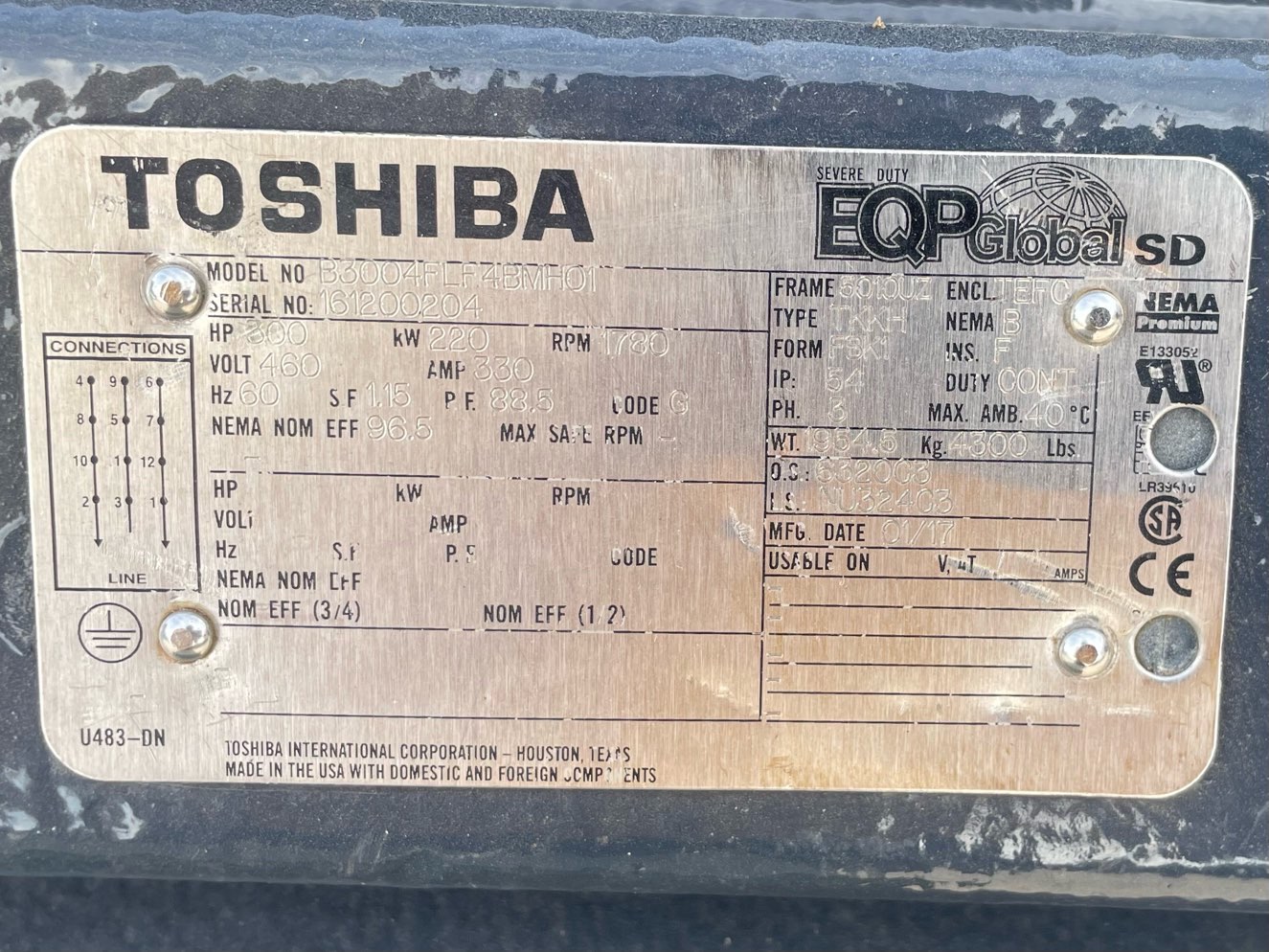 Toshiba 300 HP 1800 RPM 5010UZ Squirrel Cage Motors H1200