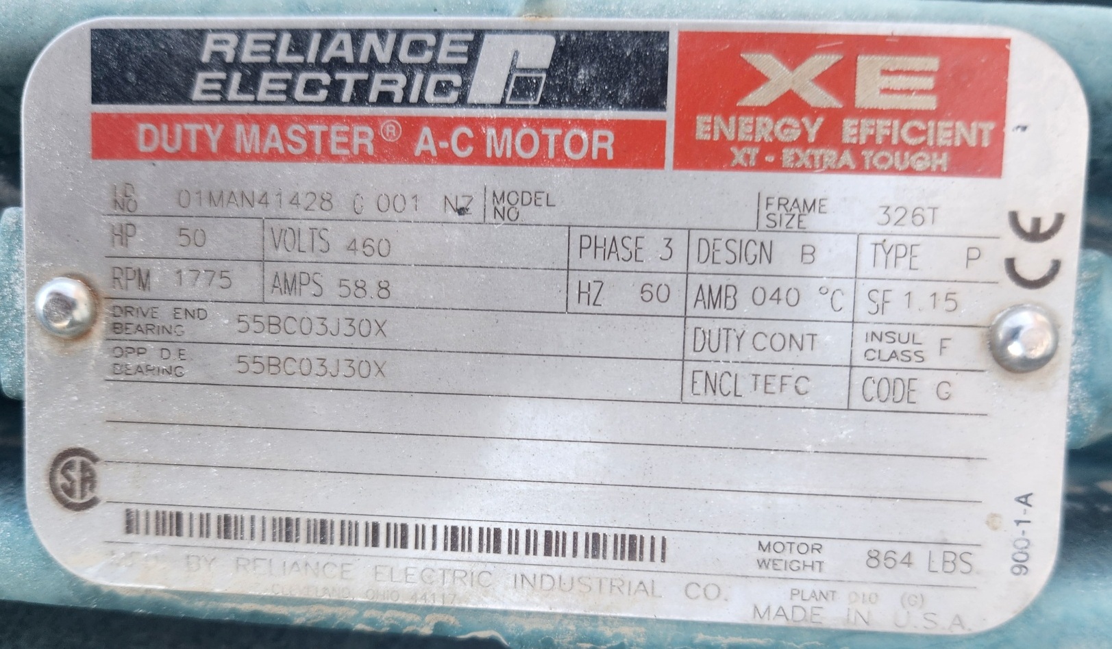 Reliance 50 HP 1775 RPM 326T Brake Motors H1230